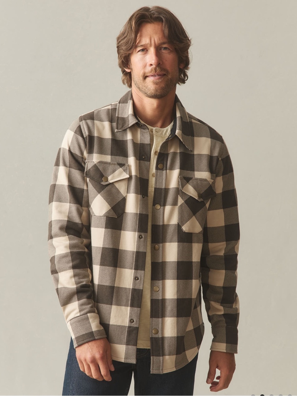 American Giant Brown Plaid Redwood Fleece Overshirt Shacket snap medium heritage